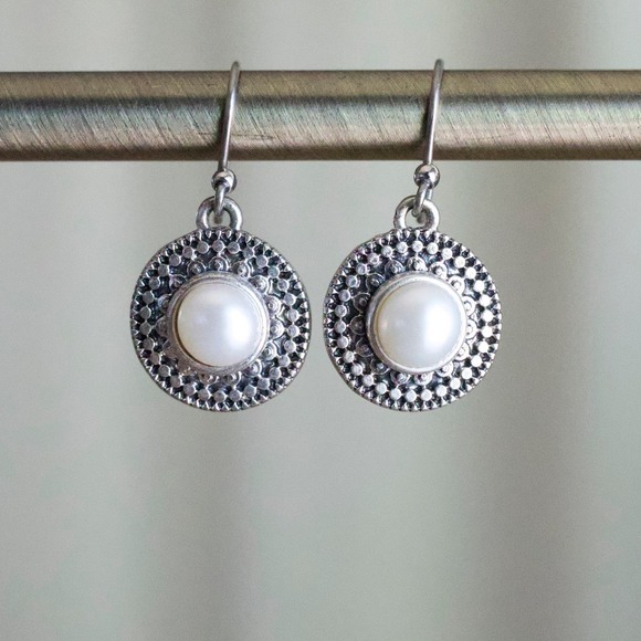 Jewelry - Vintage Style Silver Tone Faux Pearl Medallion Drop Fishhook Earrings Round Boho